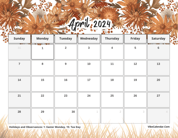 April 2024 Calendar with Flower Patterns