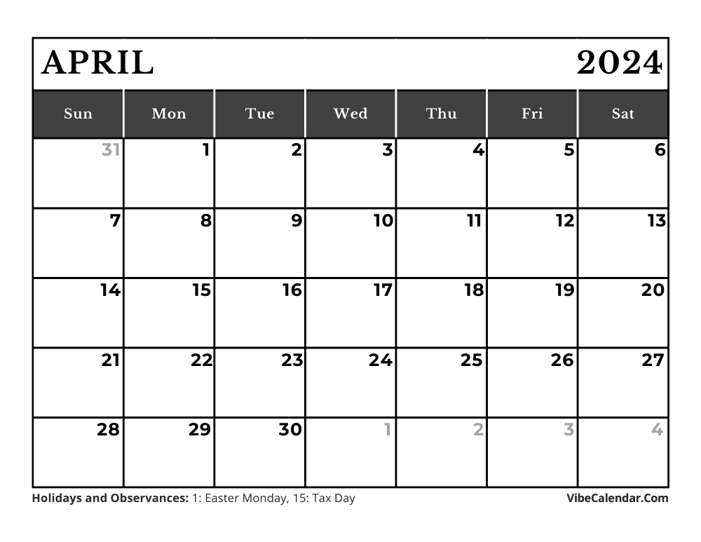 Printable April 2024 Calendar with Holidays