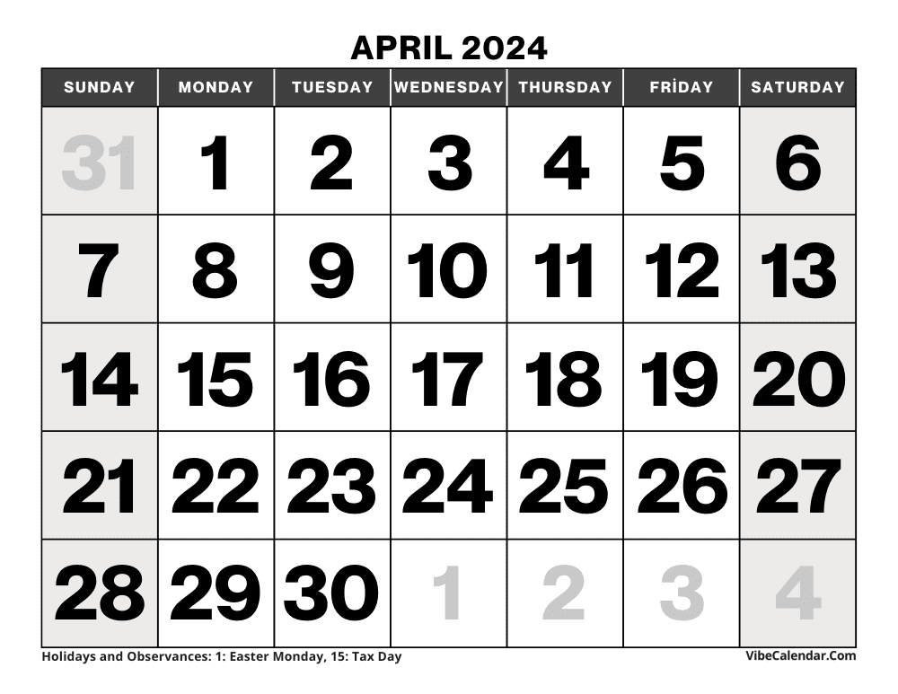 April 2024 Calendar with Large Font