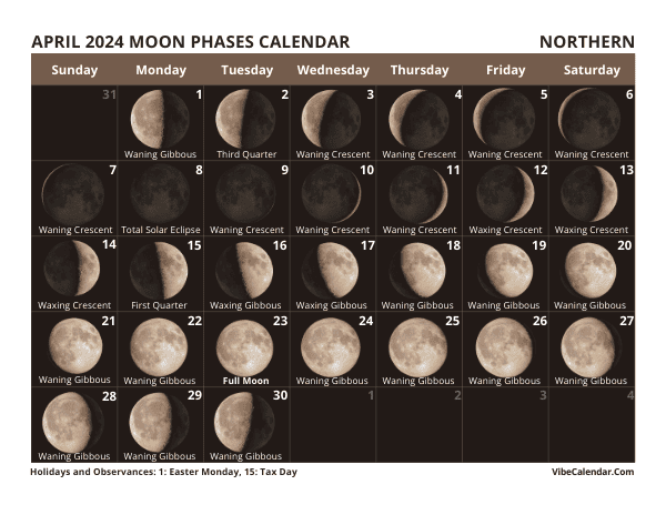 April 2024 Calendar with Moon Phases
