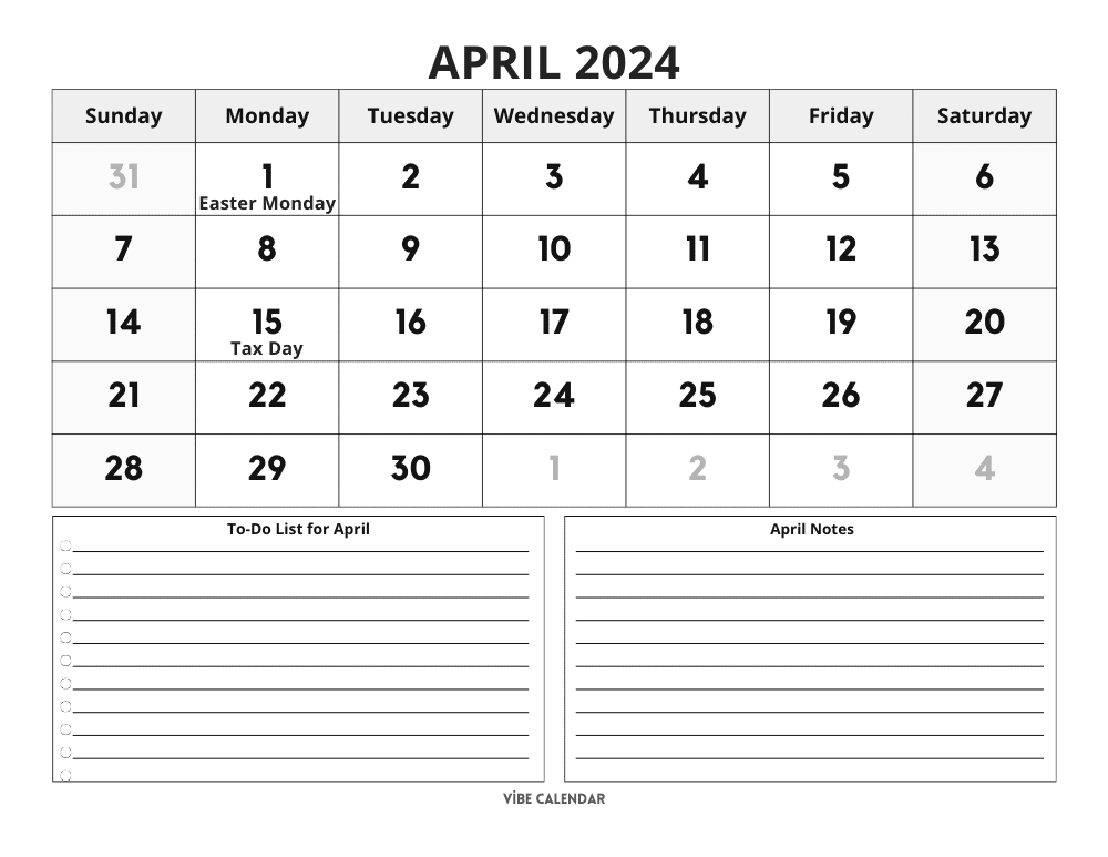 April 2024 Calendar with To-Do List Sections