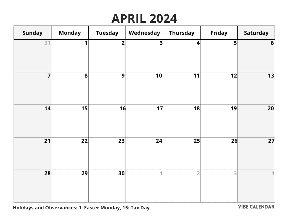 Printable Blank April 2024 Calendar Template