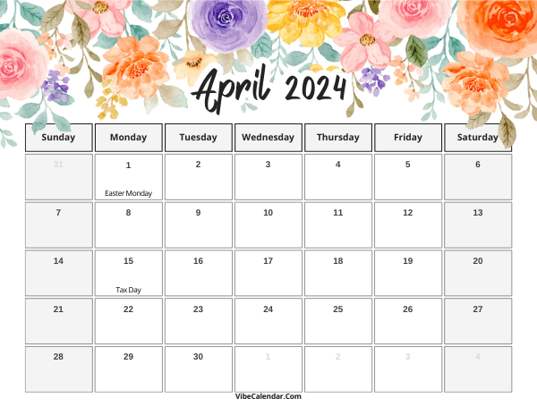 Pastel-Colored Floral April 2024 Calendar Design