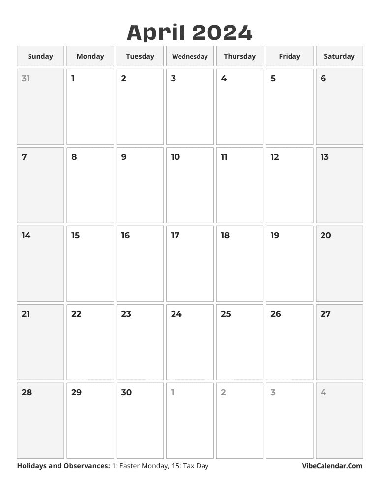 Vertical April 2024 Calendar Template